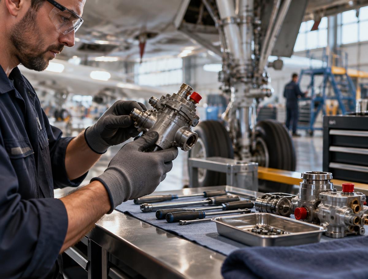 Aircraft component being inspected in an aviation maintenance hangar